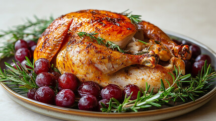 Roasted turkey with vegetables and rosemary sprigs.