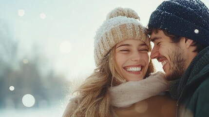 Young couple enjoys winter together in snowy park while embracing and smiling joyfully under falling snowflakes