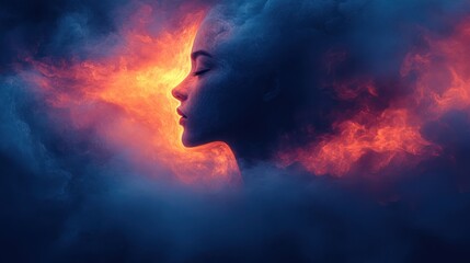 Serene woman's face emerges from fiery, smoky clouds.