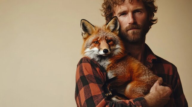 A man dressed in a rustic flannel shirt cradles a fox in his arms. The warm indoor environment creates an intimate and serene atmosphere, showcasing the bond between them