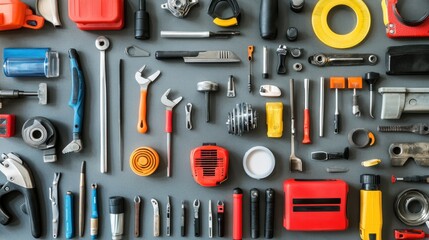 Top view of complete automotive products and maintenance items on gray background.