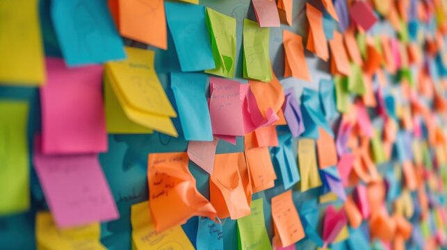 Colorful sticky notes with handwritten text cover a wall, suggesting an innovative production process involving brainstorming, project management, or agile methodologies