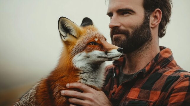 A man in a rustic flannel shirt gently holds a fox close, showcasing a connection with nature. The scene captures a tranquil moment in a misty, natural setting