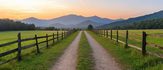 Scenic dirt path through a grassy field with mountains at sunset.