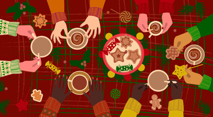 Festive dinner with friends.  Christmas festive dinner with hands of people and decorated table. Flat style. Vector illustration.
