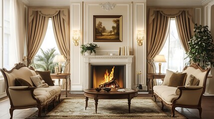 Fototapeta premium Elegant living room with fireplace, sofas, and ornate details.