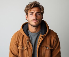 Fototapeta premium A man in a brown jacket with a hood is posing for a photo. Generative AI