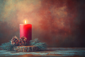 Christmas background - First Advent Sunday - Red Advent candle with natural Xmas decoration, branches and pine cones on rustic wood with magic lights