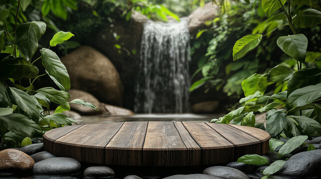 Oval product podium with rustic wooden cover, surrounded by small stones and green leaves, small waterfall background, Ai generated images