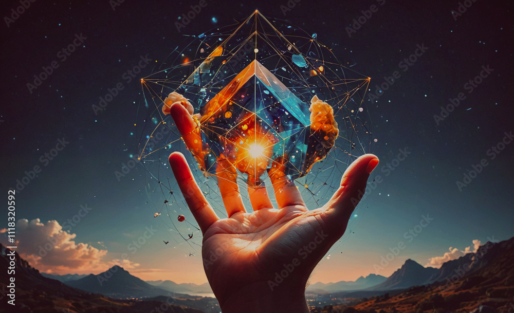 Poster a hand is holding a cube in the sky. the cube is surrounded by a lot of stars and the sky is blue