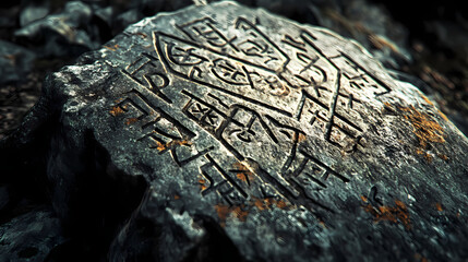 Enigmatic engraved stone: intricate runes and enigmatic symbols etched into a weathered stone, inviting contemplation and exploration. Runes. Illustration