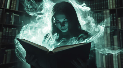 Ethereal sorceress reading ancient tome swirling magical runes ghostly apparitions emerging from pages dark fantasy library setting otherworldly glow. Runes. Illustration