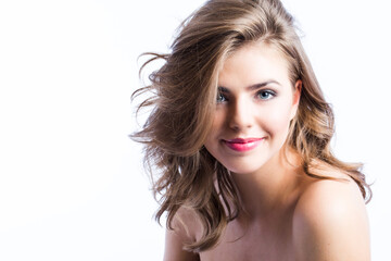 Naklejka premium Head shot portrait close up beautiful young woman on white background