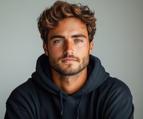 Fototapeta premium A man with a beard and glasses is wearing a black hoodie. Generative AI