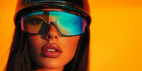 Close up face portrait of a girl wearing ski goggles or iridescent, holographic reflective sunglasses. Copy text