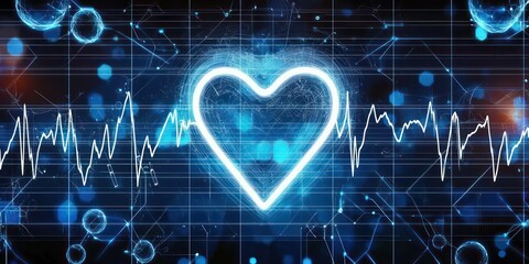 A bright blue and white interface showing heartbeat lines, medical symbols, and abstract molecules.