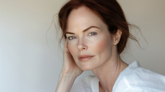 Beautiful red haired woman in her 40s with well groomed and moisturized skin. Middle aged woman, skin care, cosmetic and beauty treatment.