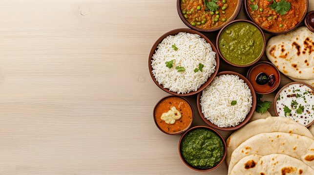 Colorful Indian meal arrangement on wooden table. Variety of dishes including rice, naan, curries. Beautifully presented. Great for food bloggers, restaurants Indian cuisine. Picnic food catering
