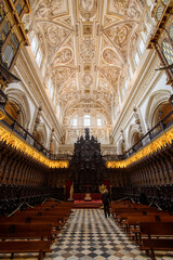 Choir stalls with episcopal throne of Mosque-Cathedral of Cordoba.