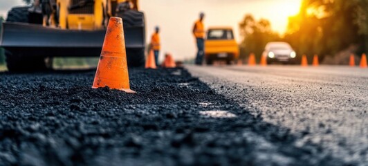 Road Construction at Sunset: Fresh Asphalt and Orange Cones