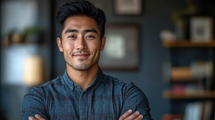 A man with a beard and a blue shirt is smiling and posing for a picture. Generative AI