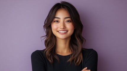 Fototapeta premium A woman with long brown hair is smiling and posing for a picture. Generative AI