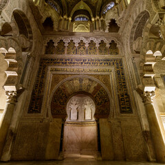The Mihrab in the area of the Maqsurah, located in the central area of the qibla wall of Mosque-Cathedral of Cordoba.