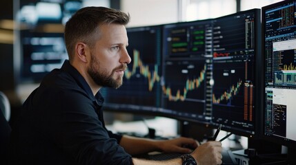 Financial advisor analyzing growth charts and investment data on a multi-monitor setup