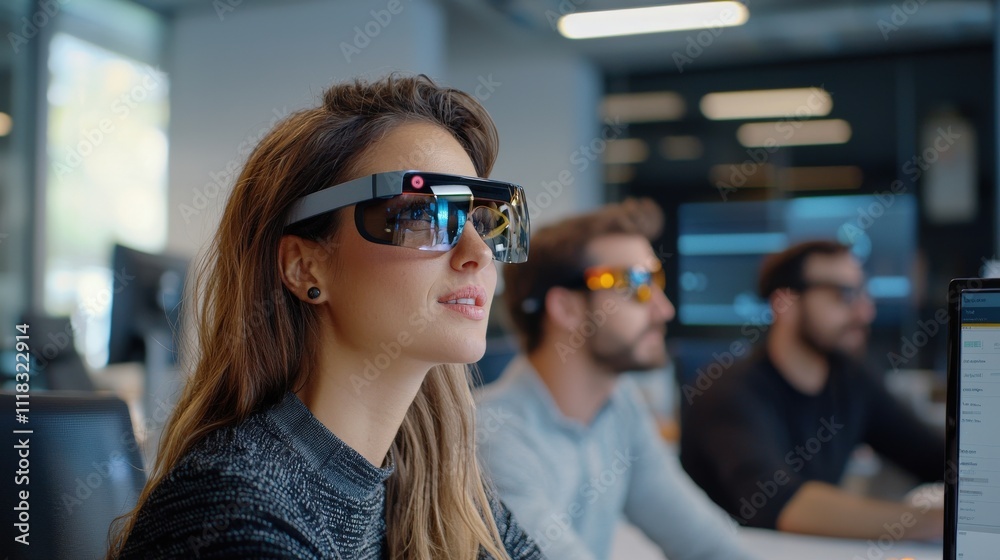 Poster Tech-savvy team using wearable devices to track project milestones and productivity metrics