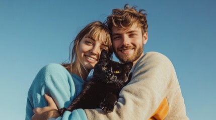 Fototapeta premium A couple embraces each other in matching athleisure clothing while confidently posing outdoors. They hold a cheerful black cat, basking in the warmth of the day against a clear blue sky