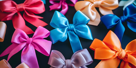 Colorful Satin Ribbon Bows on Dark Background