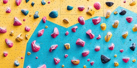 A brightly colored indoor climbing wall with handholds and footholds of various shapes.