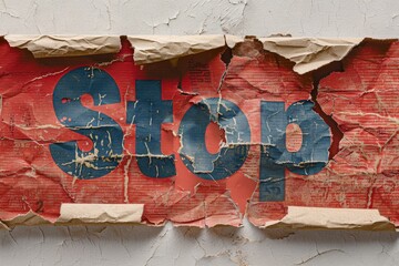 A worn, peeled stop sign with tattered edges on a rough surface. Concept of decay and abandonment. For visual themes of destruction and decay.