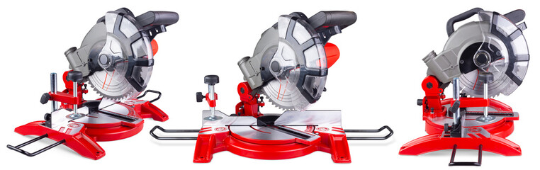 Set collection of red chopsaw or compound mitre buzz saw in various angles isolated white background. industry  power machine and woodworking equipment concept