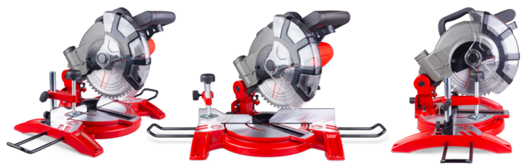Set collection of red chopsaw or compound mitre buzz saw in various angles isolated white background. industry  power machine and woodworking equipment concept