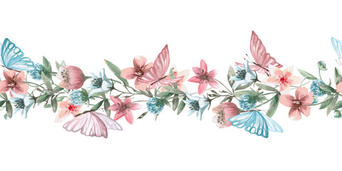 Seamless border with fabulous wild flowers and butterflies. Watercolor illustration in fantasy style for design of children's rooms, tablecloths, textile design, bedding accessories. © Svetlana