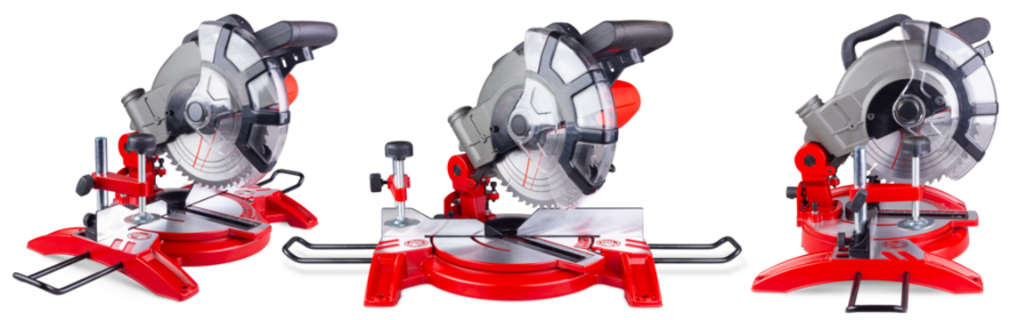 Set collection of red chopsaw or compound mitre buzz saw in various angles isolated white background. industry  power machine and woodworking equipment concept