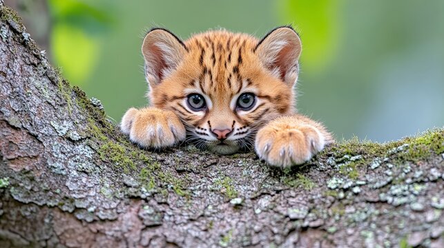 Curious Bobcat Kitten: A playful bobcat kitten peers from behind a mossy tree branch, its bright blue eyes captivating.  The image is perfect for nature lovers and wildlife enthusiasts. 