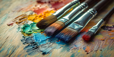 Obraz premium Colorful Paintbrushes and Palette on Wooden Surface