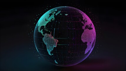 Abstract holographic globe with data points floating over a dark gradient background