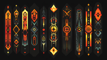 Arabic calligraphy. set of ornamental vertical patterns with letters and symbols. generative ai. Runes. Illustration
