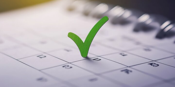 A calendar page with a green check mark on one of the dates, symbolizing completion or a scheduled event.