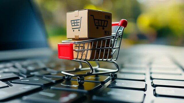 Digital marketplace: visual depiction of shopping trolley alongside laptop, symbolizing ease, convenience of online shopping, reflecting growing trend of digital retail, e-commerce solutions.