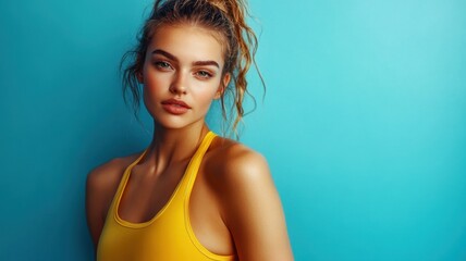 Fototapeta premium Confident female athlete displaying her strength and fitness woman sport with raised arms against yellow sports bra against a vibrant blue background