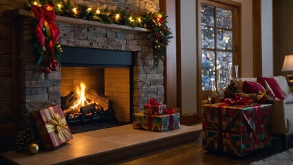Fototapeta premium Cozy Christmas Fireplace: A warm and inviting fireplace glows with festive cheer, surrounded by wrapped gifts, twinkling lights, and a cozy armchair.