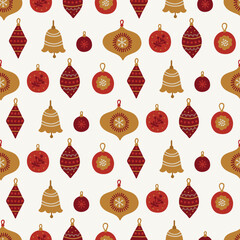 Christmas seamless pattern with balls and baubles on white background. Perfect for wallpaper, gift paper, winter greeting cards. Vector illustration