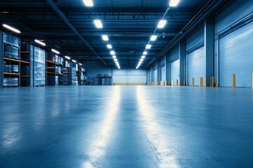 Fototapeta premium Spacious industrial warehouse with bright lighting and polished floor.