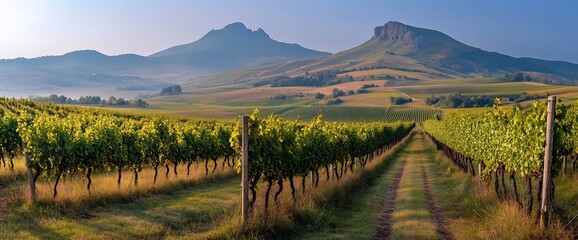 Vineyard landscape with mountains in the background.