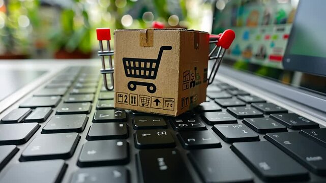 Digital marketplace: visual depiction of shopping trolley alongside laptop, symbolizing ease, convenience of online shopping, reflecting growing trend of digital retail, e-commerce solutions. - Powered by Adobe