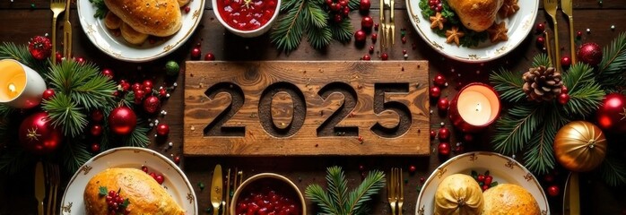 A top-down view of an elegant Christmas dinner table. The text "2025" is subtly carved into a wooden cutting board surrounded by holiday dishes: roasted turkey, cranberry sauce, and golden bread rolls
